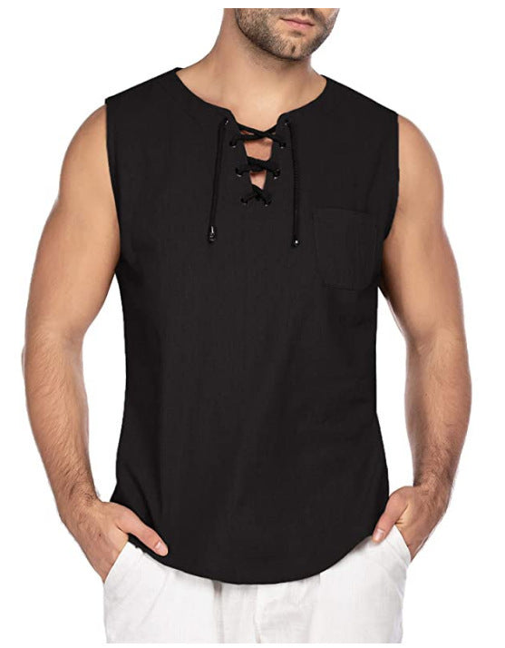 New Men's Sleeveless Shirt Lace-Up Cotton And Linen Short Sleeve T-Shirt